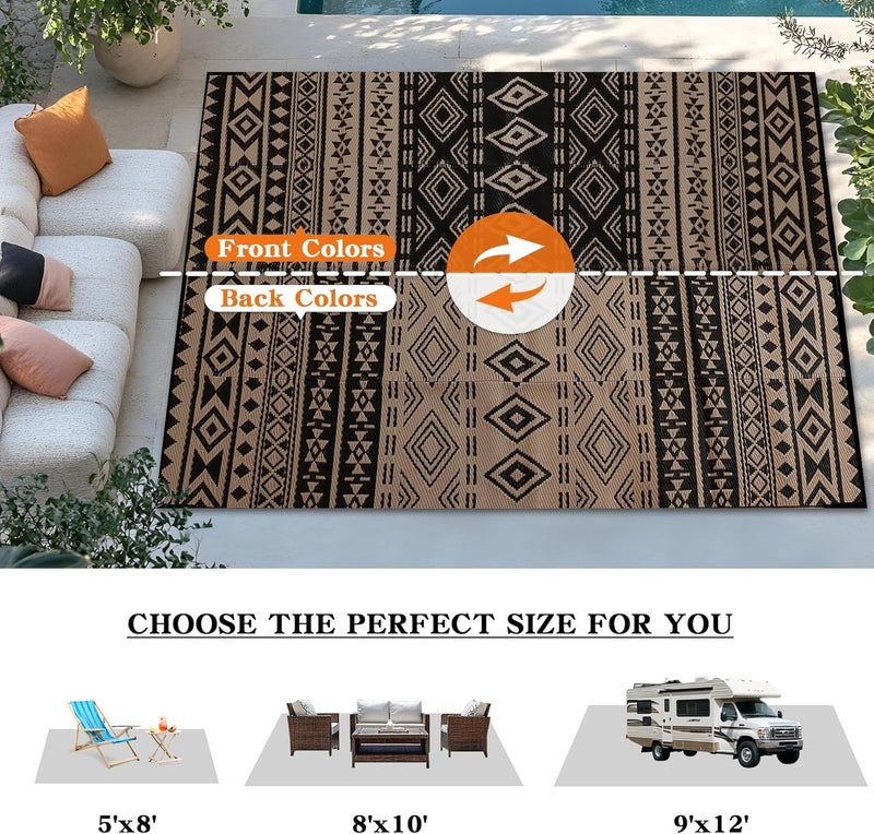 Wallona Outdoor Rugs 5x8 ft Patio Waterproof Clearance Indoor Outdoor Carpet for Patio Plastic Straw Reversible Area Rugs Mat for RV, Camping, Balcony, Beach, Picnic, Porch, Boho Black & Brown - Image 4